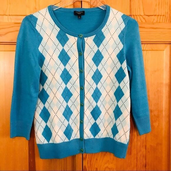 Talbots Cardigan Sweater Blue Argyle Cotton Petites‎ P 0/2 - Picture 1 of 12